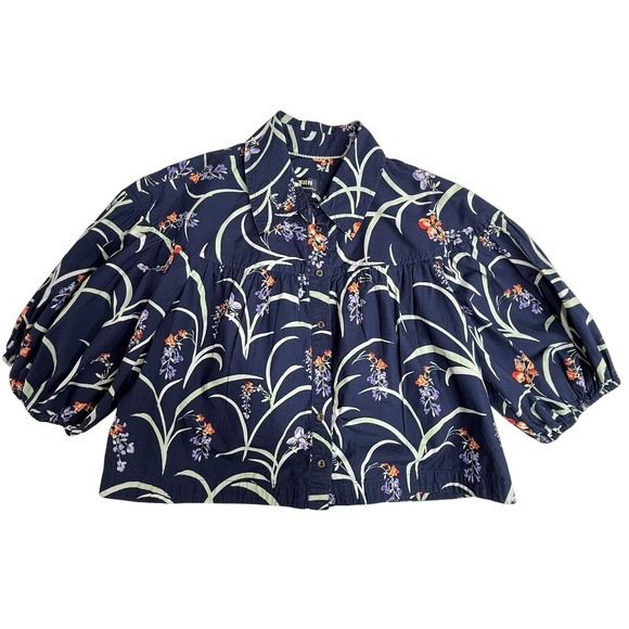 Maeve Tops - Maeve Anthropologie SP Floral Puff Sleeve Button Down Blouse Navy Cotton